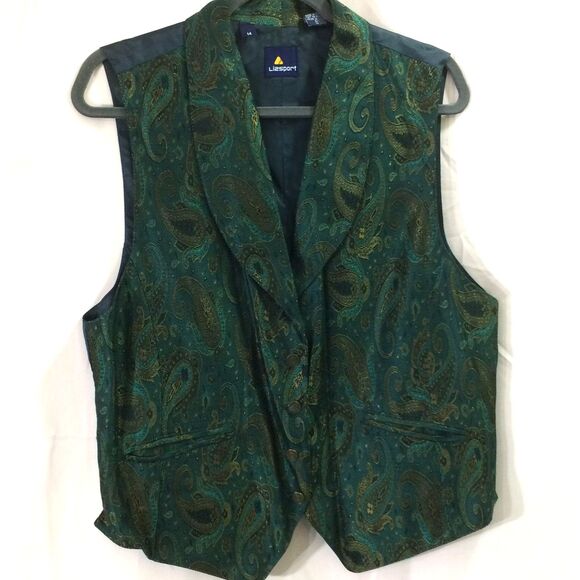 Vintage 90s Lizsport Paisley Brocade Vest Green Jacquard Button Front Size 14 - Picture 1 of 4